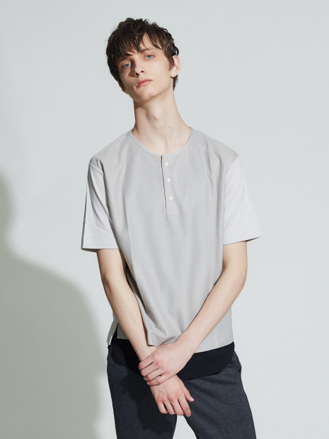 異素材切替カルぜヘンリーネック 半袖Tシャツ