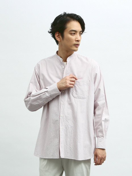 Individualized shirts】別注 / ストライプ バンドカラーシャツ