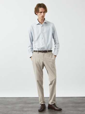 【FLEX SHIRTS】360°ストレッチ パッチワークストライプシャツ / 長袖シャツ