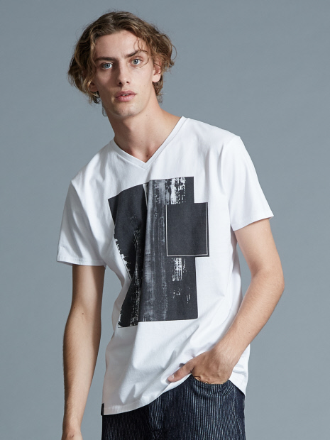 ホワイトキャンバスVネックTシャツ