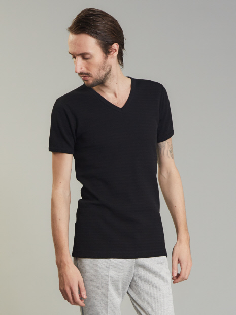 ベアワッフル ボーダー Vネック 半袖 Tシャツ