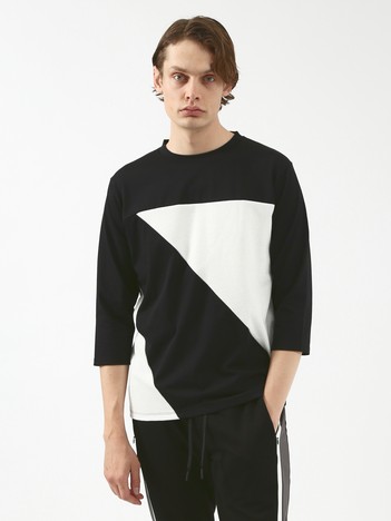 異素材スラッシュ七分袖Tシャツ