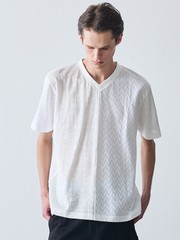 パッチワーク PUレザー Vネック 半袖 Tシャツ｜5351POUR LES HOMMES