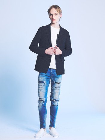 【サイドジップ】ダメージ スキニー デニム