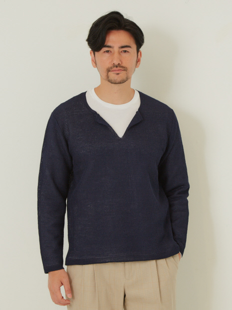 リネンライクタック編レイヤード ニットTシャツ