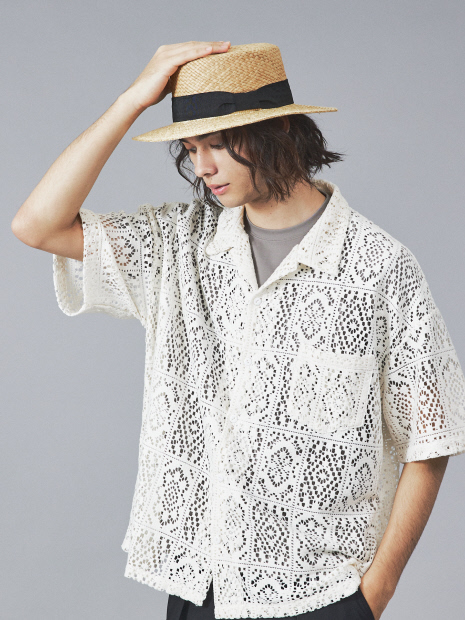 【Revo.】透かし編みニットオープンカラー半端袖シャツ