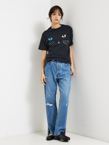 【JERZEES/ジャージーズ】 Black cat tee /odd eye/nose pink/ブラックキャット Tシャツ
