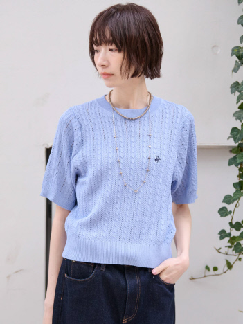 【BEVERLY HILLS POLO CLUB / ビバリーヒルズ ポロクラブ】 ワンポイント 半袖ケーブルニット【WEB限定】