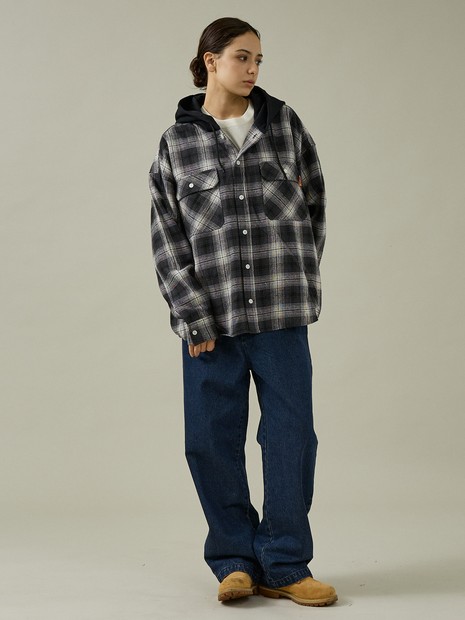 【UNIVERSAL OVERALL / ユニバーサル オーバーオール】HOODIE BIG WORK SHIRT/フード付きチェックビックシャツ/ユニセックス