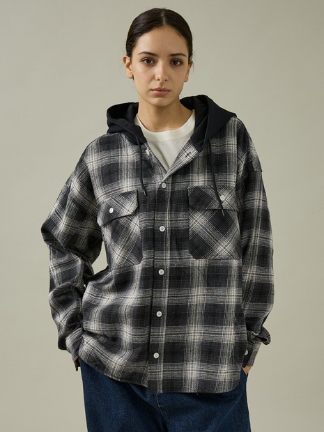 【UNIVERSAL OVERALL / ユニバーサル オーバーオール】HOODIE BIG WORK SHIRT/フード付きチェックビックシャツ/ユニセックス