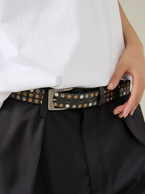 ウエスタン スタッズ レザー ベルト】35mm black Studded belt/ユニ