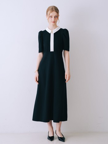 衿配色フロントジップフレアワンピース