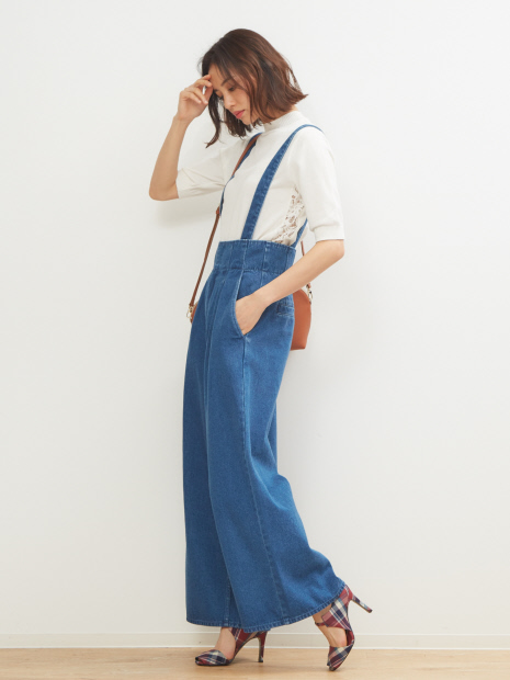 サスペンダー付きワイドデニム