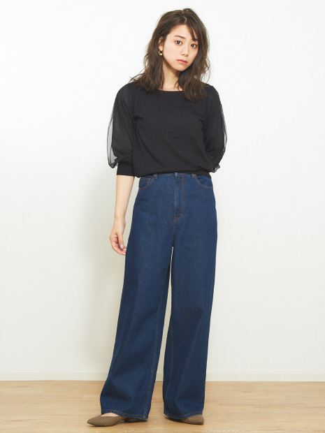 シフォン×チュールスリーブニット