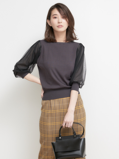 シフォン×チュールスリーブニット