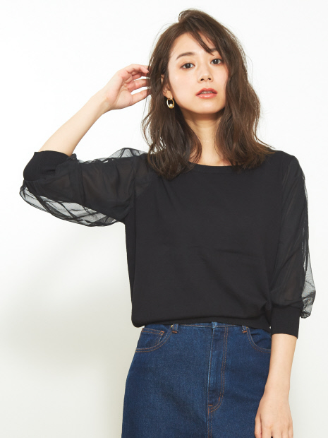 シフォン×チュールスリーブニット