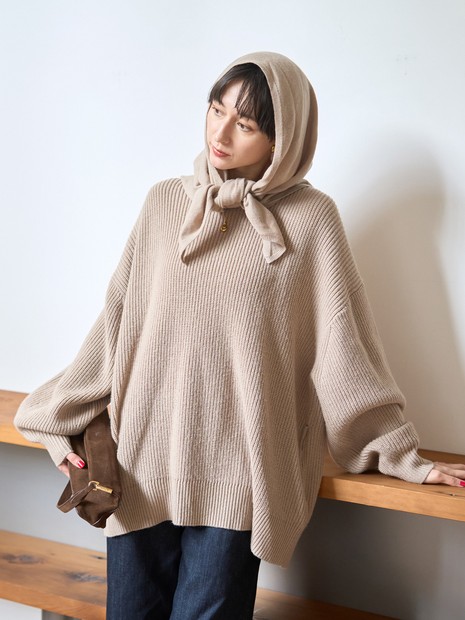 【ストールセット】ポケット付片畦ニットプルオーバー