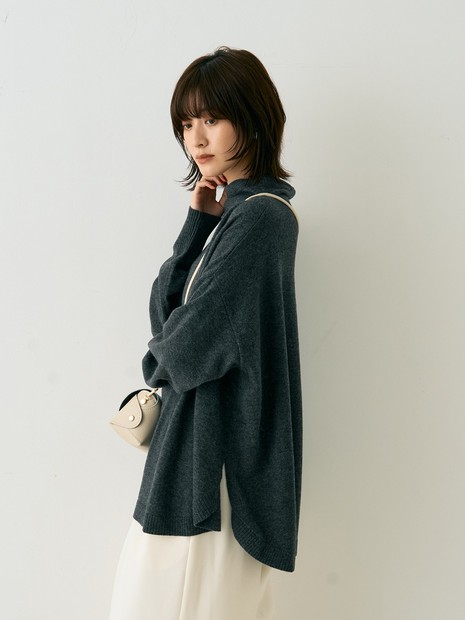 ボトルネックポンチョライクニットプルオーバー