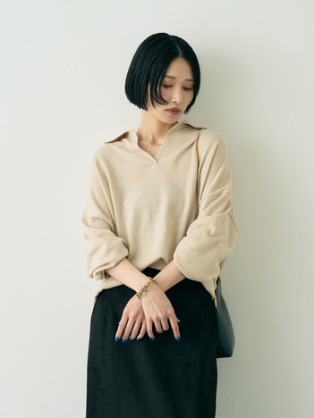 カシミヤ混ウール襟付きスキッパーニット