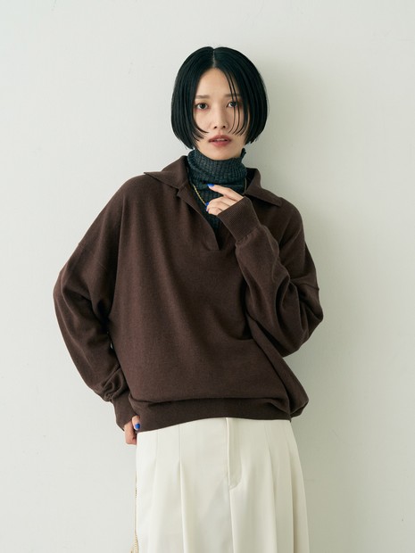 カシミヤ混ウール襟付きスキッパーニット
