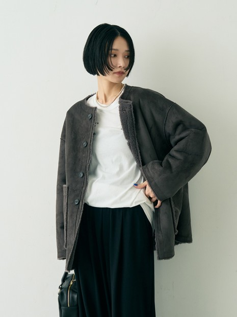 【2サイズ展開】2WAYスウェードリバーシブルボアコート / ノーカラーコート