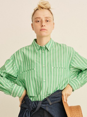 Rouge vif la cle - 胸ポケットコットンルーズフィットストライプシャツ【予約】