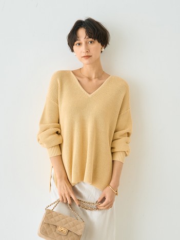 片畦ハートVネックコットンプルオーバーニット【予約】