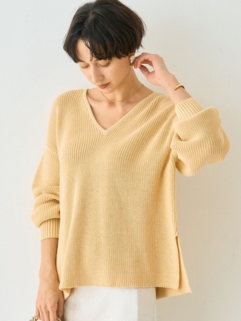 片畦ハートVネックコットンプルオーバーニット