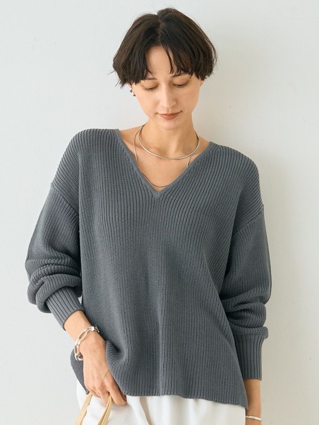 片畦ハートVネックコットンプルオーバーニット｜Rouge vif la cle