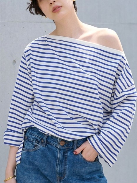 ボーダーボートネックカットソー/ロングスリーブTシャツ