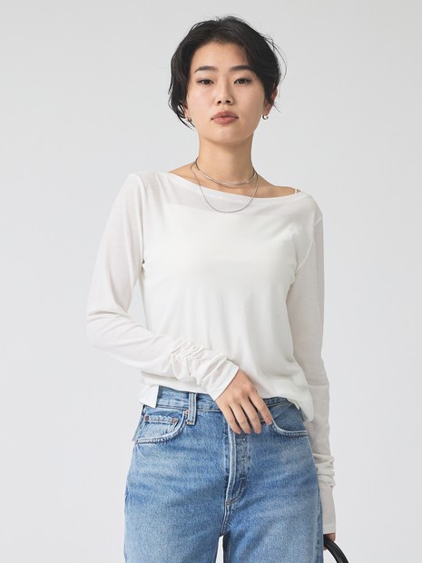 前後2wayシャーリングスリーブプルオーバー/ロングスリーブTシャツ