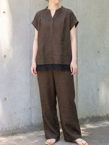 【2点セット/WEB限定】カルゼヴィンテージセットアップ/スキッパー裾レースブラウス/ウエストゴムパンツ/イージーパンツ