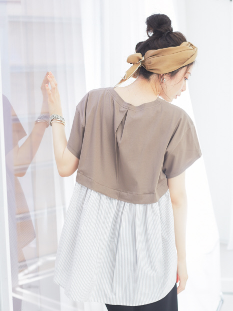 【WEB限定】スリットネック布帛切り替えカットソー