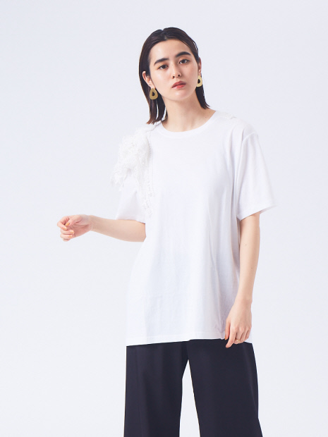 boussole×qualite】ショルダーレースTシャツ(オーバーサイズ)｜OUTLET