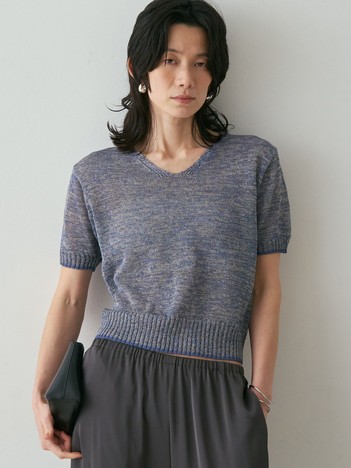 qualite - カラーポリリネンVネックニット【予約】