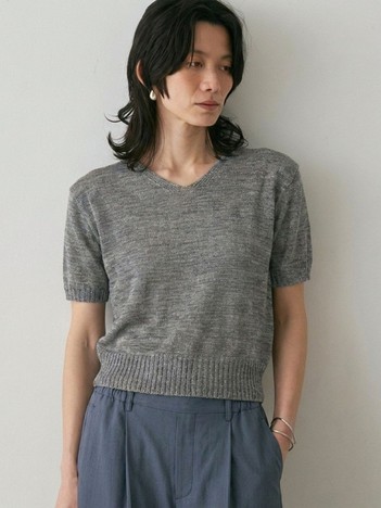 カラーポリリネンVネックニット