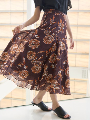 オーガンジーヴィンテージフラワープリントフレアスカート