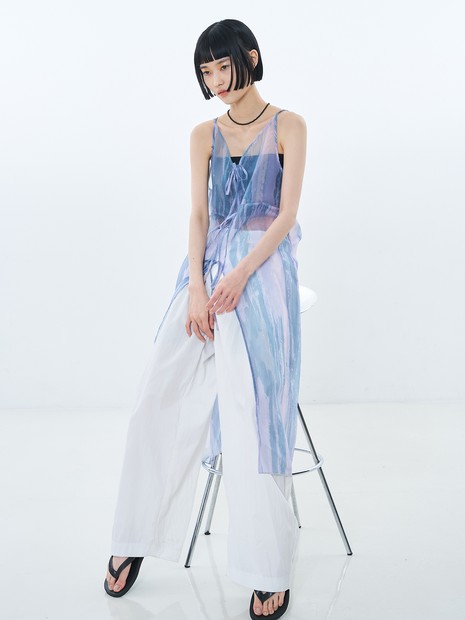 【前後着用可】水彩アート ニュアンス柄 2WAY シアー キャミワンピース ロング丈