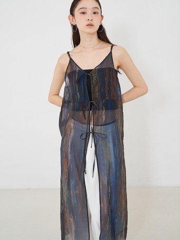 【前後着用可】水彩アート ニュアンス柄 2WAY シアー キャミワンピース ロング丈