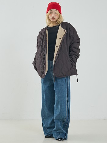 【TAION】ミリタリー リバーシブル クルーネック ダウンジャケット / ブルゾン（キルティング×ボア）