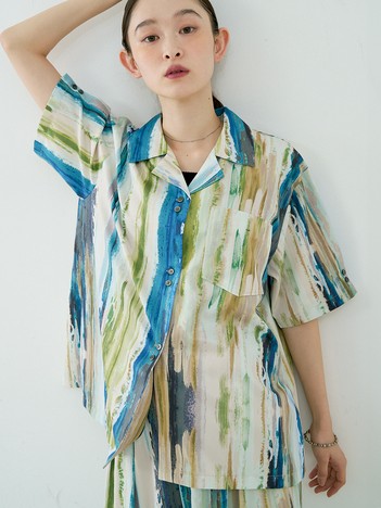 【セットアップ対応】ペイント柄 開襟シャツ