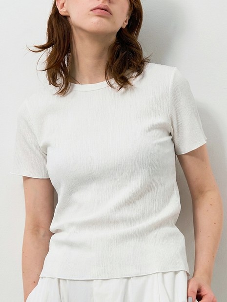 楊柳シボ感 リンガーTシャツ 半袖 リブ切替 クロップド丈