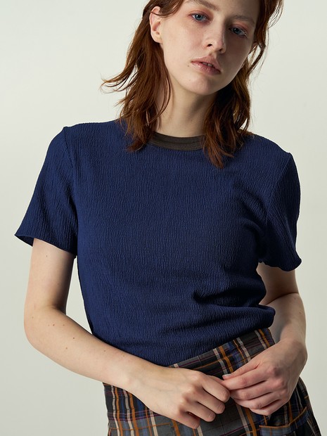 楊柳シボ感 リンガーTシャツ 半袖 リブ切替 クロップド丈