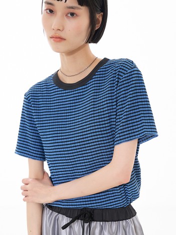 楊柳シボ感 リンガーTシャツ ｜ 半袖 リブ切替 クロップド丈