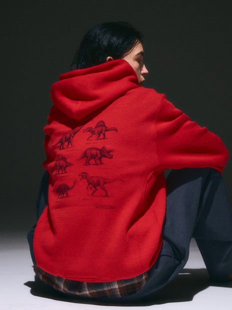 sowhat vintage×Russell Athletic×NOMINE 恐竜プリント スウェット フーディー｜オーバーサイズシルエット ユニセックス 裏起毛