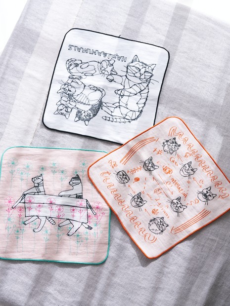 【＋HAyU fabric】猫柄 ガーゼタオルハンカチ 綿100%