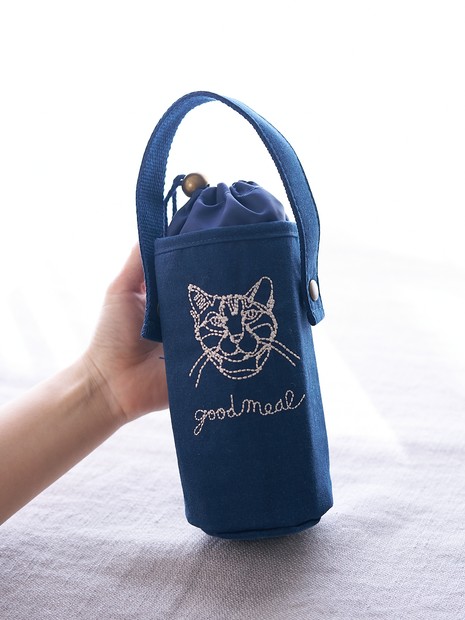 【＋HAyU fabric】猫刺繍 ボトルケース 保冷・保温 レジャー