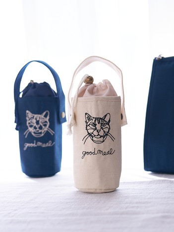 【＋HAyU fabric】猫刺繍 ボトルケース 保冷・保温 レジャー