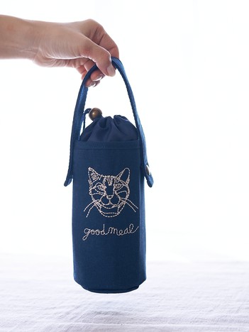 【＋HAyU fabric】猫刺繍 ボトルケース 保冷・保温 レジャー