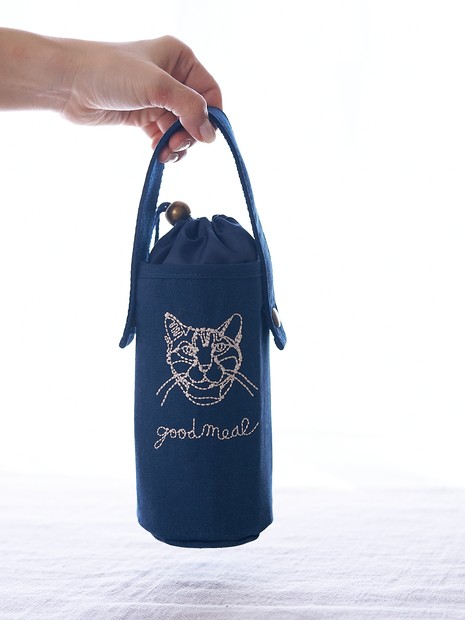 【＋HAyU fabric】猫刺繍 ボトルケース 保冷・保温 レジャー